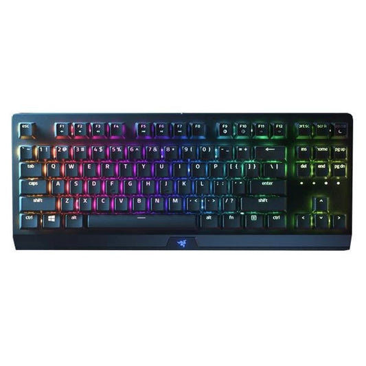 Razer BlackWidow V3 Tenkeyless keyboard illuminated with customizable RGB Chroma backlighting, showing vibrant colors for a personalized setup.
